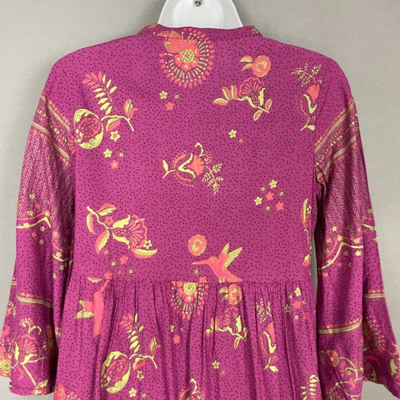 Max Tunic Top Blouse‎ Cropped Bell Sleeves Floral Hummingbird Tassel Neck Small - Picture 8 of 16